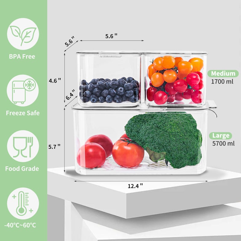 elabo Fruit Storage Containers for Fridge Fresh Produce Saver -3 Pack Stackable Fridge Organizers Bins with Lids, Drain Tray, Food Storage Container for Vegetables, Lettuce, Salad and Berry, BPA-free - Image 5